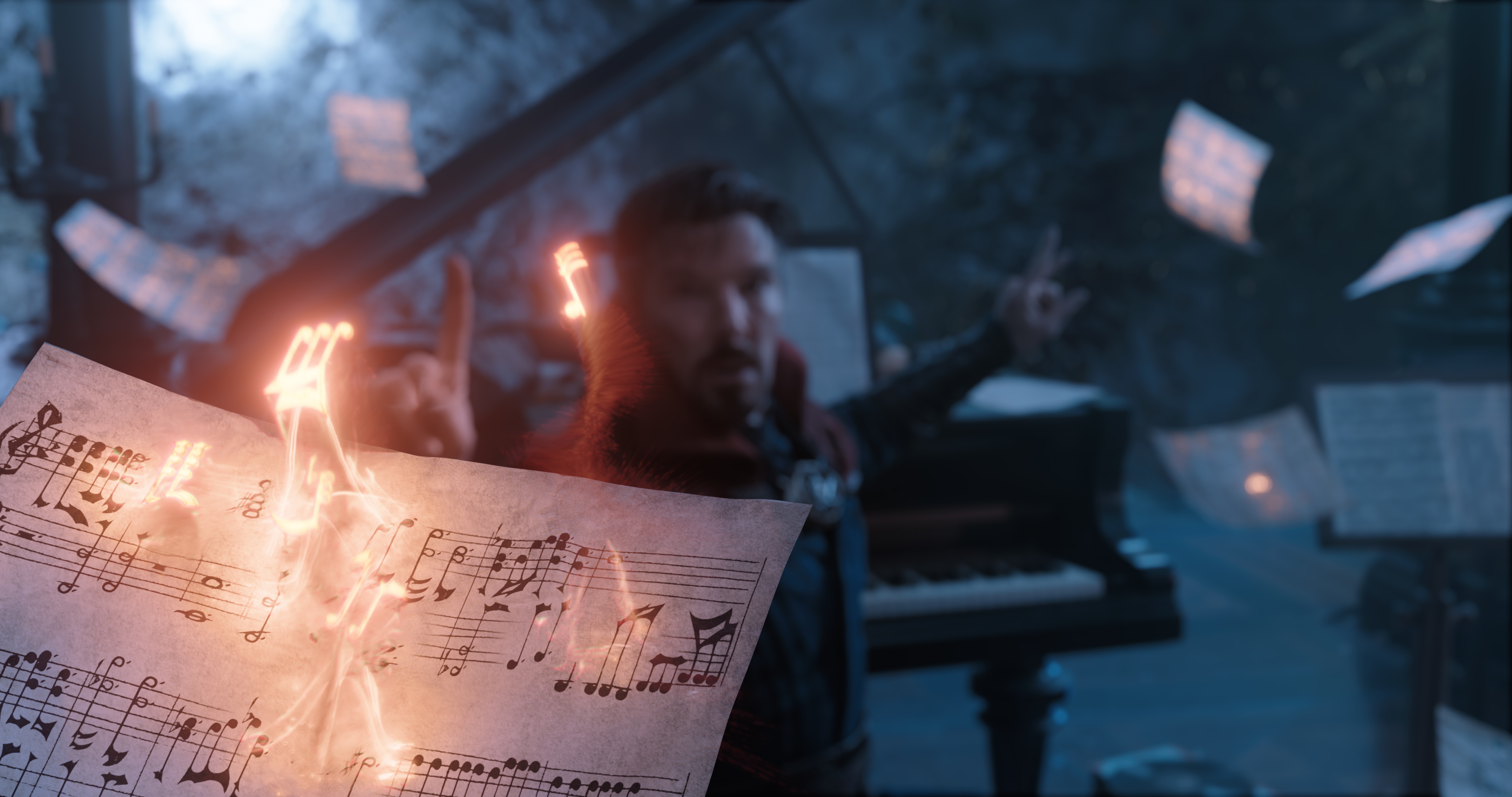 Doctor Strange casts a spell, pulling glowing music notes off of a music sheet.