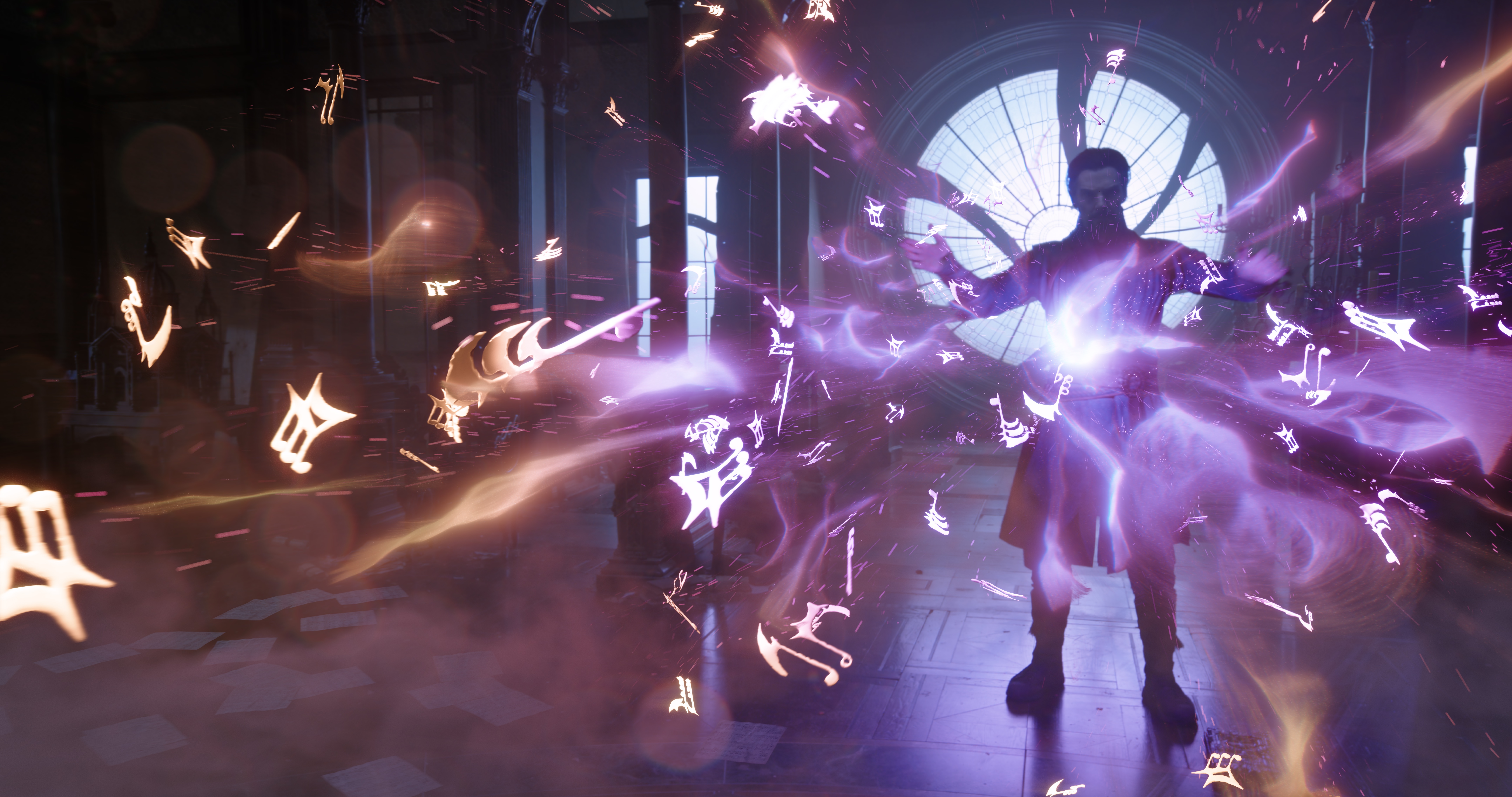 Doctor Strange casts a spell, sending dozens of purple gliphs shooting towards the camera.
