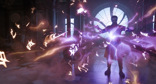 Doctor Strange casts a spell, sending dozens of purple gliphs shooting towards the camera.