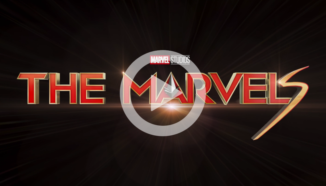 The title card for The Marvels, with the "Play" symbol denoting that this is a play button for a video.