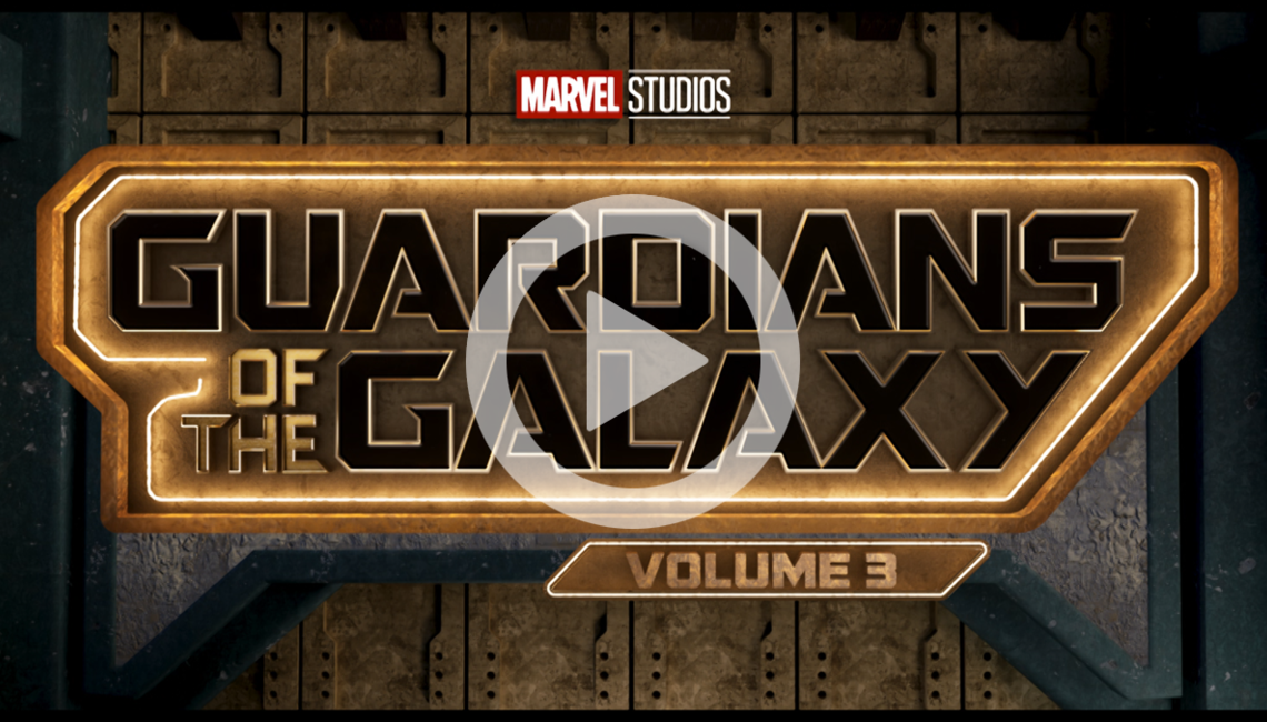 The title card for Guardians of the Galaxy Vol. 3, with the "Play" symbol denoting that this is a play button for a video.